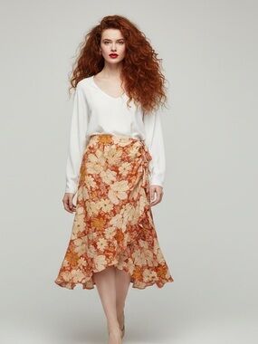 MINKPINK Floral Faux Wrap Midi Skirt - Orange & Cream - Size L
